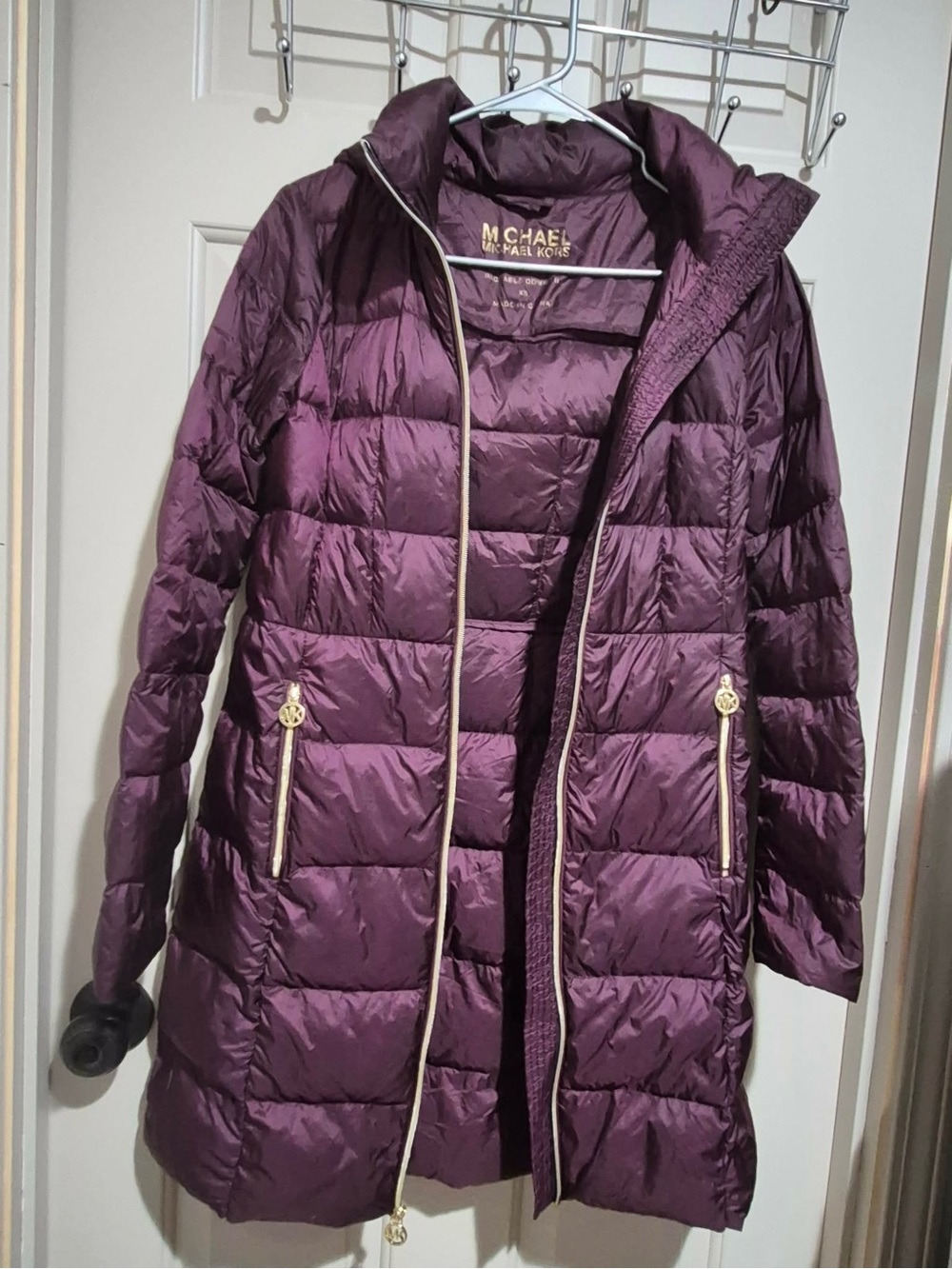 Michael Kors Plum Quilted Long Puffer Coat with Gold Trim